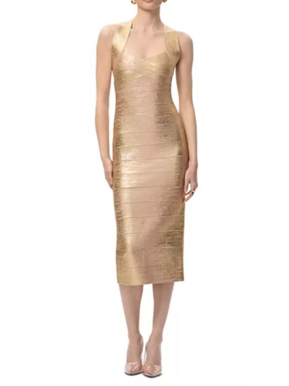 Herve Leger Gold Foil Bodycon Bandage Dress Size Large